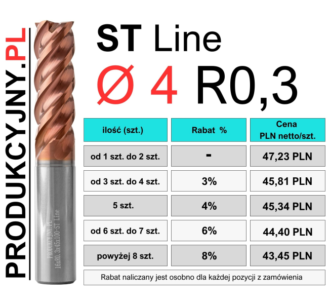 Frez z promieniem naroża fi 4 R0,3 ST LINE